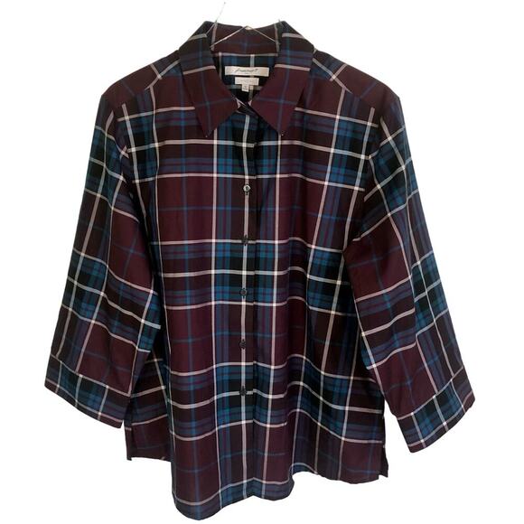 Foxcroft NYC Shaped Wrinkle Free Burgundy Plaid Button Up Top Blouse Size XL - Picture 1 of 6